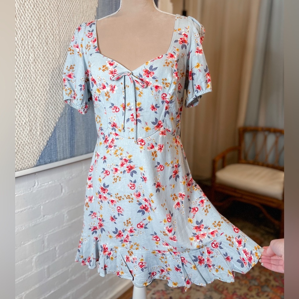 City Triangles Linen Blend Blue and Red Floral Dress